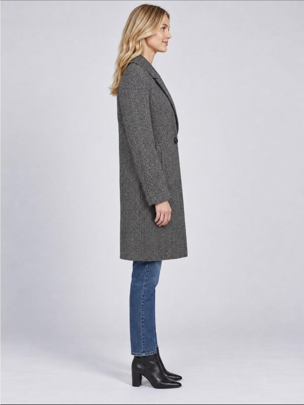 DKNY Women's Double Breasted Faux Wool Top Coat/Overcoat Grey/Black Herringbone - Picture 3 of 8